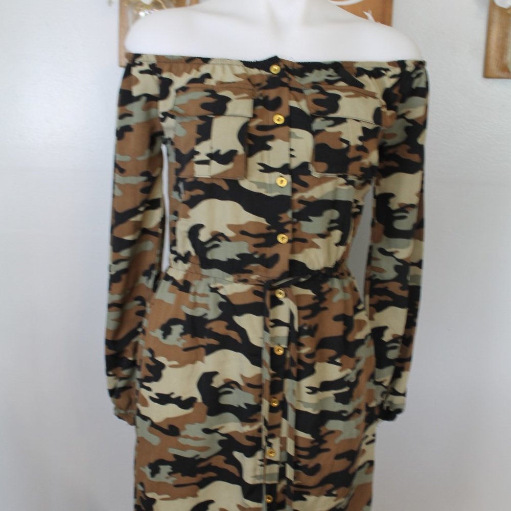 Belle Tweed Camo Off-Shoulder Dress